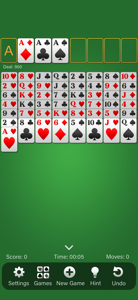FreeCell Solitaire (Classic) - FreeCell Solitaire Classic gameplay showing easy to read cards on a green table