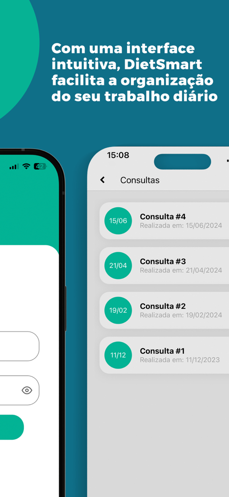 Tela do aplicativo DietSmart mostrando uma lista de consultas nutricionais passadas com datas específicas.