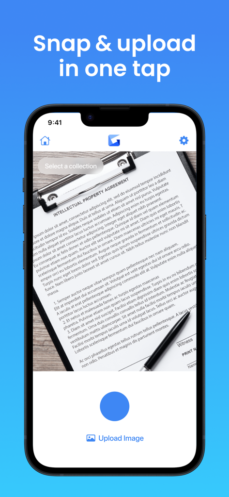 Interfaz de la aplicación Gyazo que muestra un documento siendo fotografiado con el lema 'captura y subida en un solo toque'