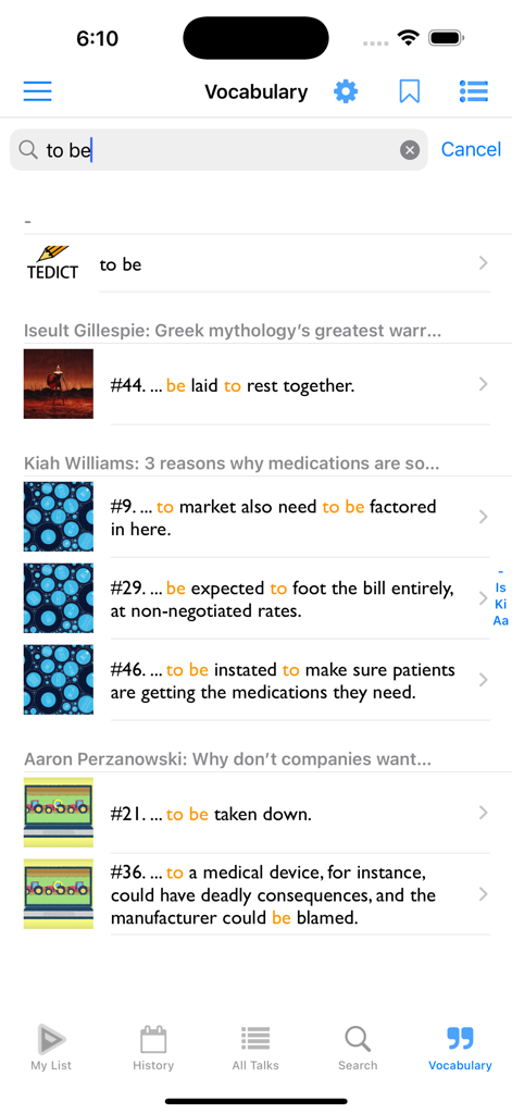 TEDICT app vocabulary search screen showing word examples from various TED talks