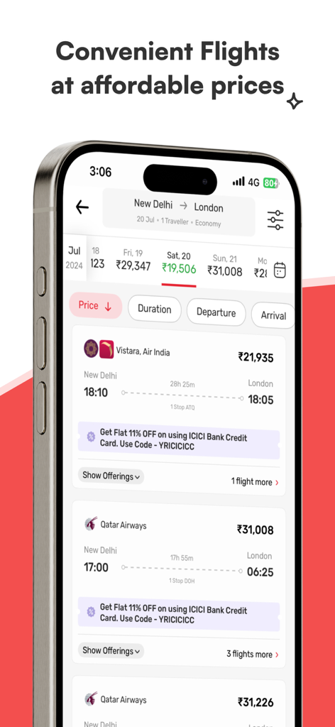 Yatra - Flights, Hotels & Cabs - Interfaz de búsqueda de vuelos de la aplicación Yatra que muestra opciones de vuelos y precios de Nueva Delhi a Londres