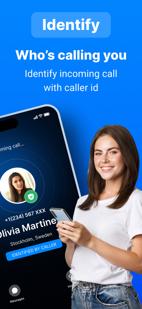 Uma mulher segurando um smartphone mostrando a tela de uma chamada recebida identificada com o nome e a localização do contato.