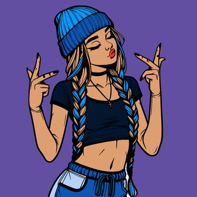 realistic teenage girl with braids and a beanie and crop top doing 🫶🏼