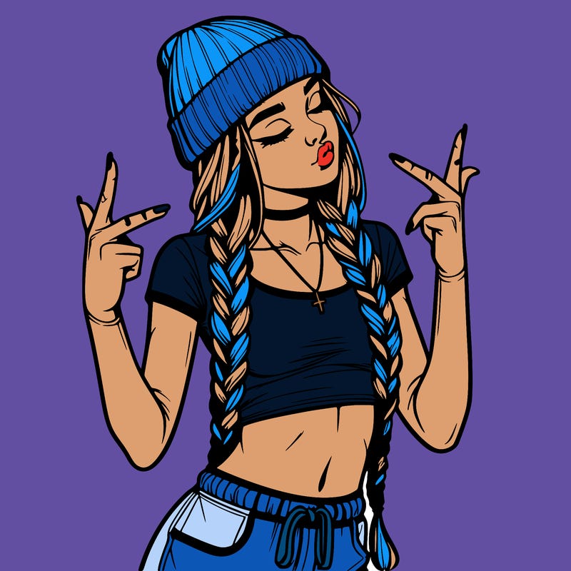 realistic teenage girl with braids and a beanie and crop top doing 🫶🏼
