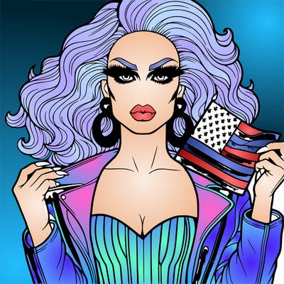 a drag queen with clothes with an american flag realistic