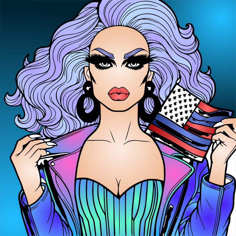 a drag queen with clothes with an american flag realistic