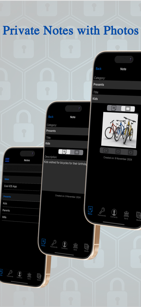 Hidden Photo Vault-Hide App LS - Interfaz de la aplicación Hidden Photo Vault con notas privadas y fotos