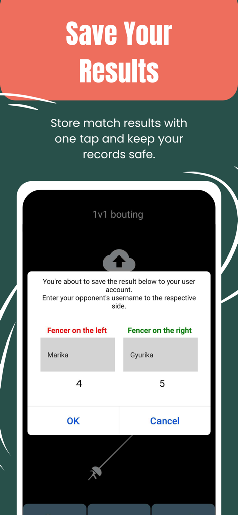 Calibur - Screenshot of the Calibur app showing a save results screen for a 1v1 fencing bout with scores for two fencers