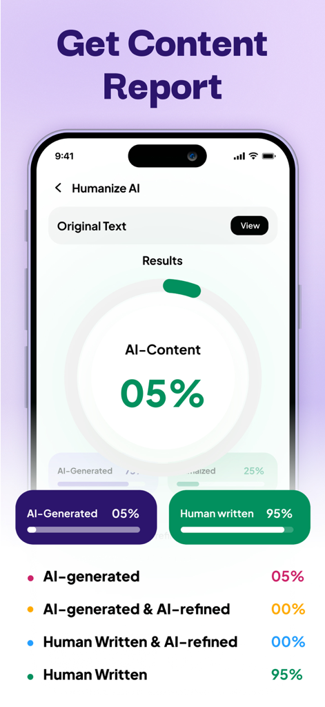Smartphone screen showing an AI content detection report with a ninety-five percent human written score.