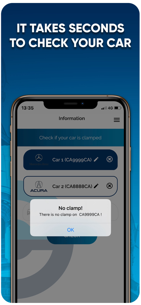 Sofia Plus - Mobile app interface of Sofia Plus showing a notification that no clamp was found on the selected vehicle.