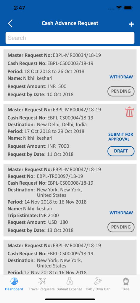 List of corporate travel cash advance requests in the Tess360 app displaying status and amounts