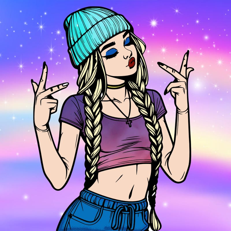 realistic teenage girl with braids and a beanie and crop top doing 🫶🏼