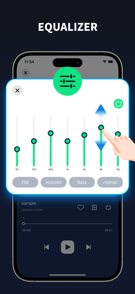 A smartphone screen showing a multi-band equalizer with adjustable frequency sliders and music presets in the Bass Booster app