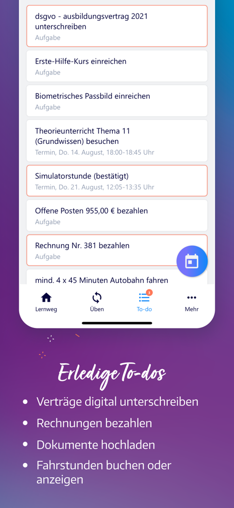 Mobile Benutzeroberfläche der Fahren Lernen App zeigt eine To-Do-Liste für administrative Aufgaben der Fahrschule.