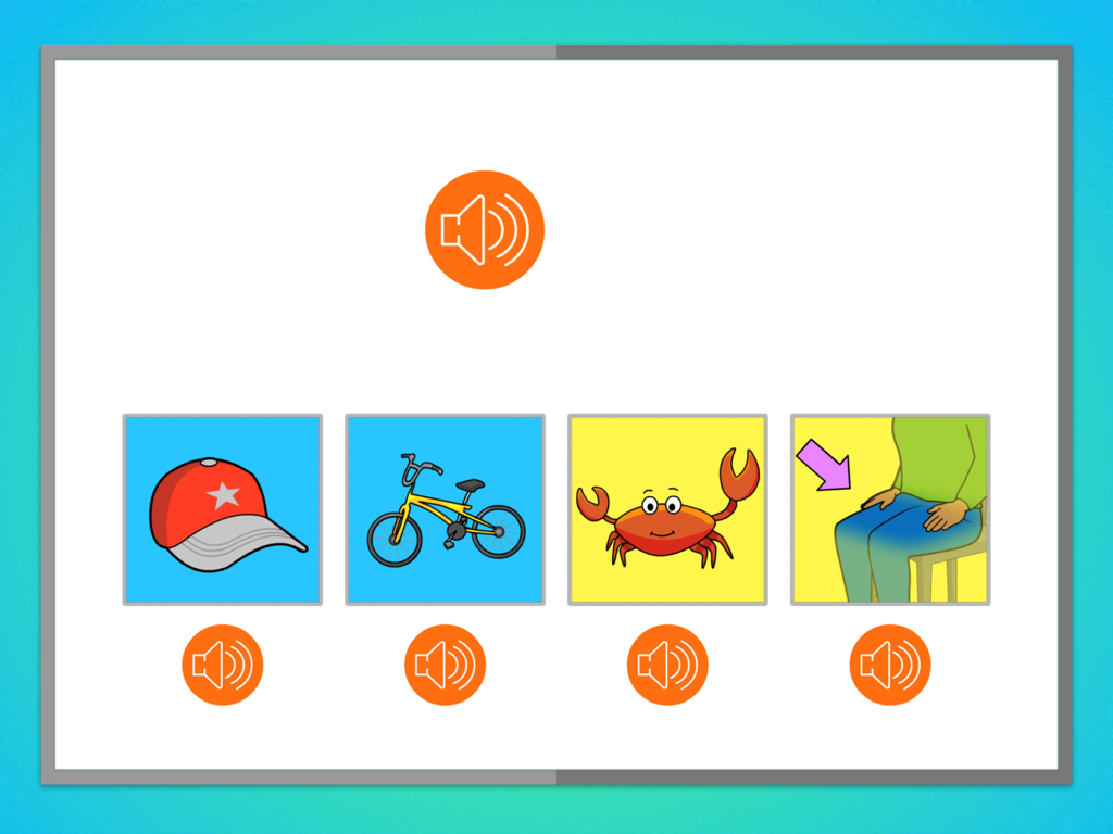 MAP Reading Fluency Testing - Educational app screen for early literacy testing showing a multiple choice question with audio icons and pictures of a hat, bicycle, crab, and lap.