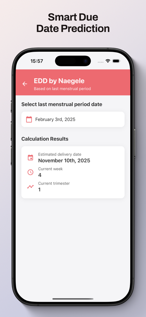 Obstetric Calculators - A smartphone interface of the Obstetric Calculators app showing the smart due date prediction and estimated delivery date using Naegele rule.