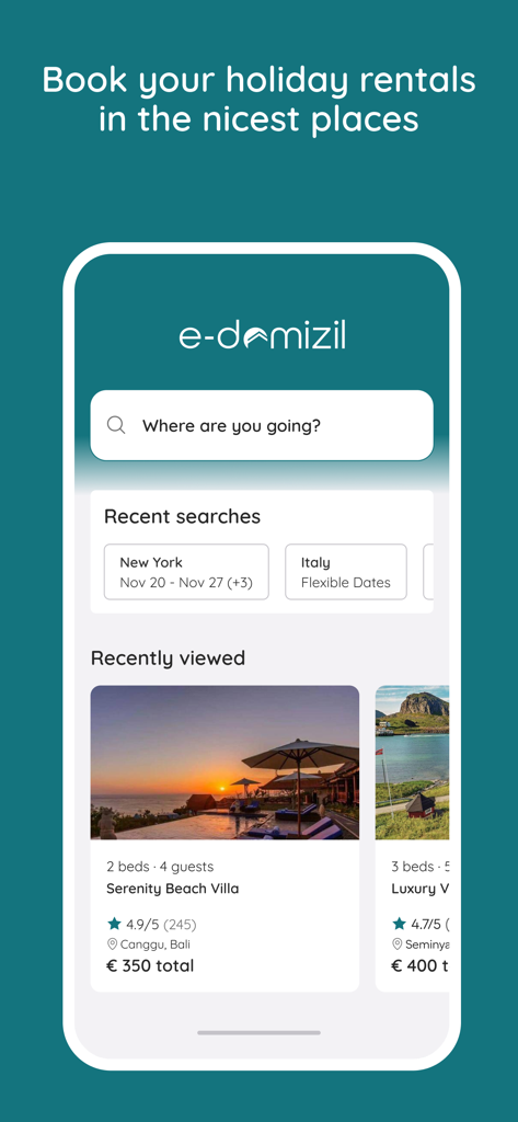e-domizil - L'écran d'accueil de l'application mobile e-domizil montrant les options de recherche et les locations de vacances en vedette comme une villa en bord de mer.