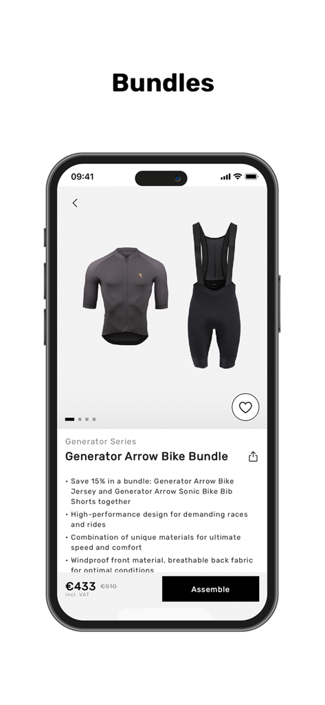 Pantalla de la aplicación móvil Ryzon que muestra un paquete de ropa de ciclismo con maillot y culotte