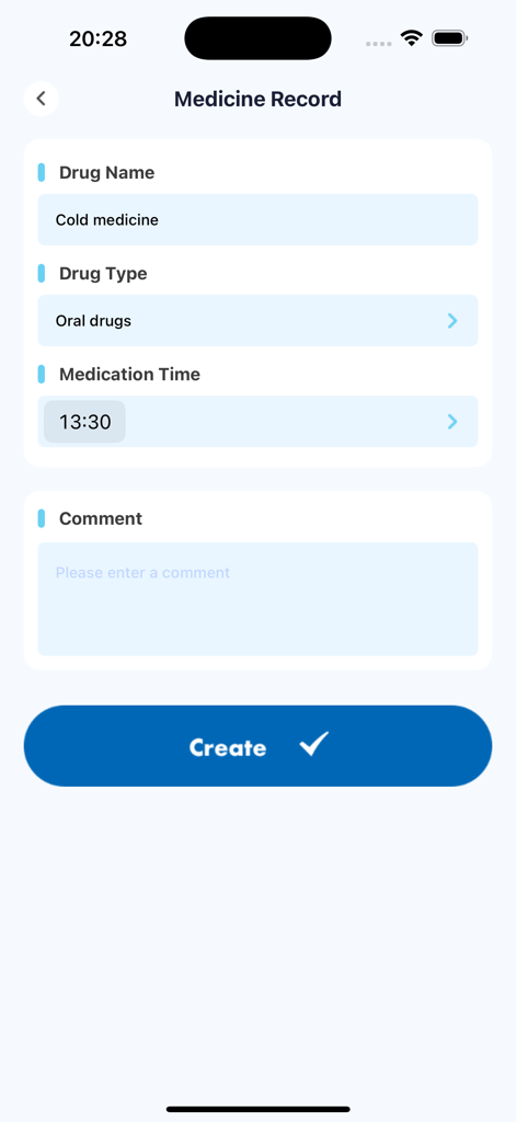 Clarity:Daily Health Journal - Medicine record screen in the Clarity app showing drug name type and medication time fields