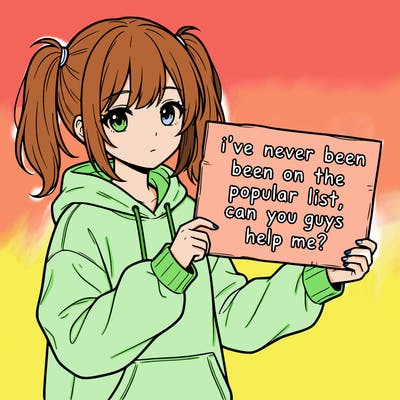 a cute anime girl with a sign saying  i’ve never been on the popular list, can you guys help me?