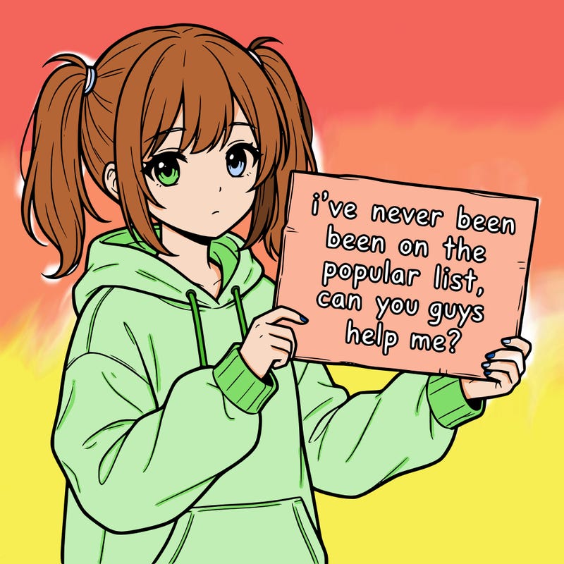a cute anime girl with a sign saying  i’ve never been on the popular list, can you guys help me?