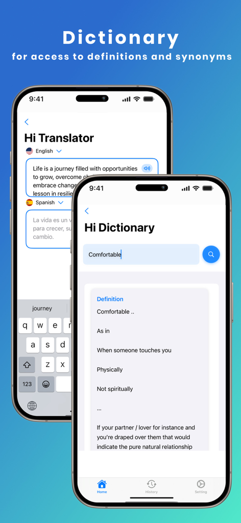 Hi Dictionary - Translate - Hi Dictionary app interface showing text translation and word definitions on an iPhone