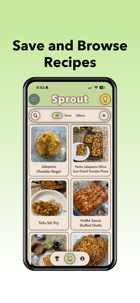 Sprout - Competitive Cooking - Smartphone screen displaying the Sprout app recipe feed with photos of various homemade dishes like bagels and stir fry