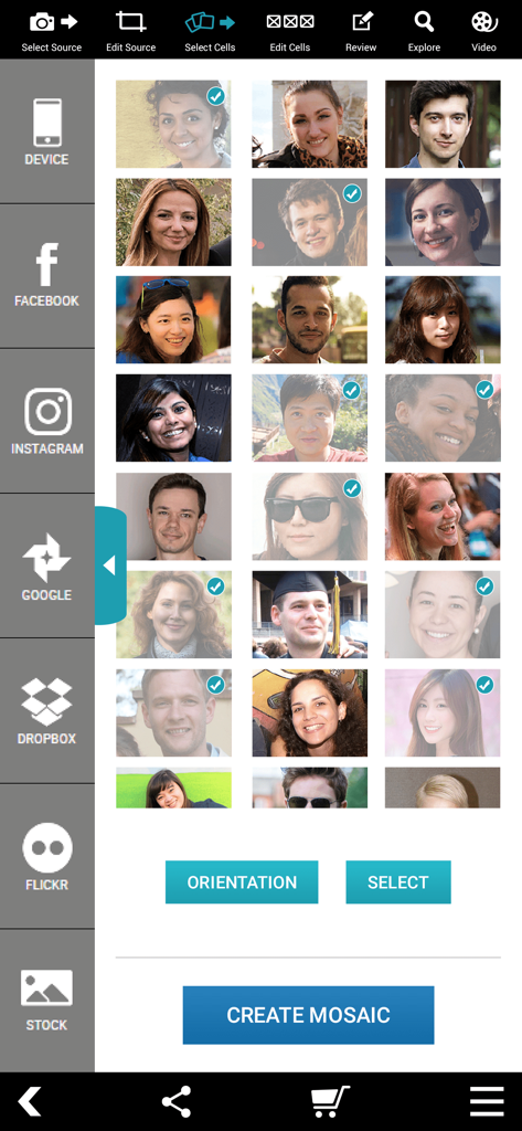 A grid of portrait photos within the Pro Photo Mosaic Creator app selection screen showing various image sources.