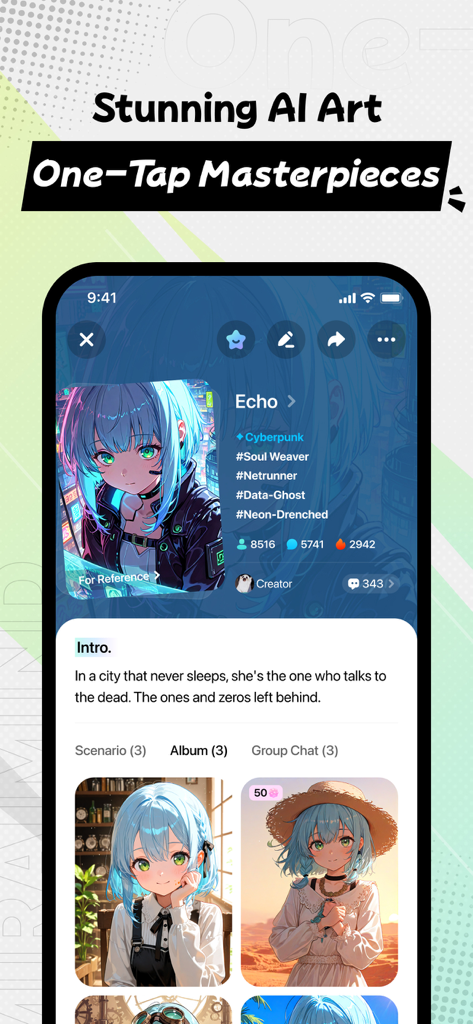 MiraiMind -- Real Otaku Energy - MiraiMindアプリのインターフェース。AI生成されたアニメキャラクターのプロフィールとイラストのギャラリーが表示されています。
