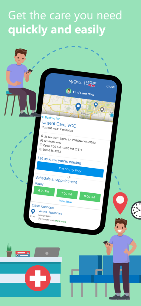 MyChart - A screenshot of the MyChart app showing urgent care wait times and options to schedule an appointment.