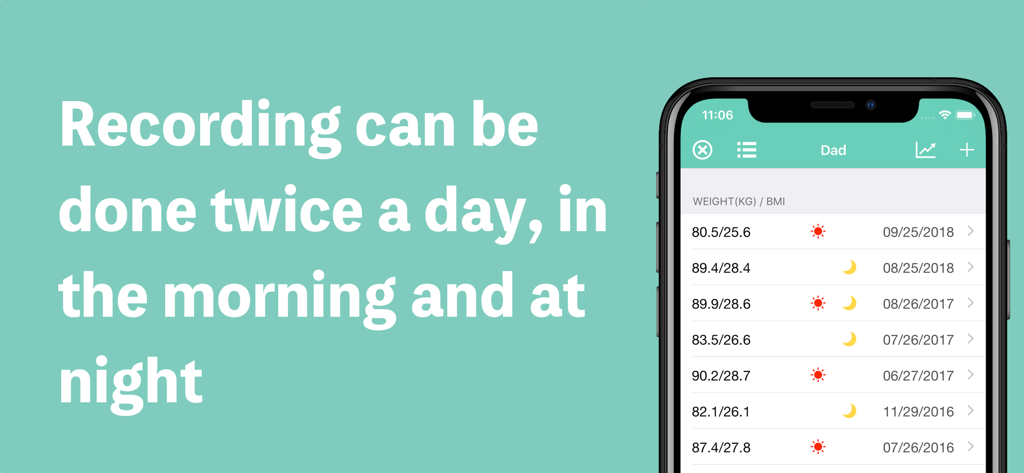 Family Weight Tracker - Interface do aplicativo Family Weight Tracker mostrando a opção de registrar o peso duas vezes ao dia com ícones de manhã e noite