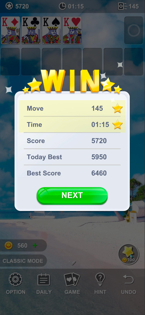 A victory screen in Solitaire Classic Card Game displaying game statistics and a tropical beach background theme