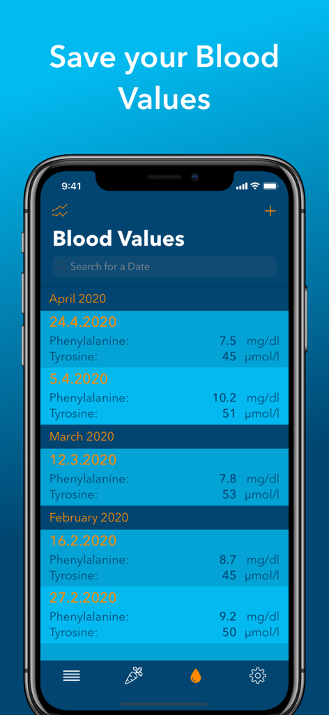 DietAssistant for PKU - Registro de valores de sangre de PKU que rastrea los niveles de fenilalanina y tirosina en la aplicación DietAssistant.
