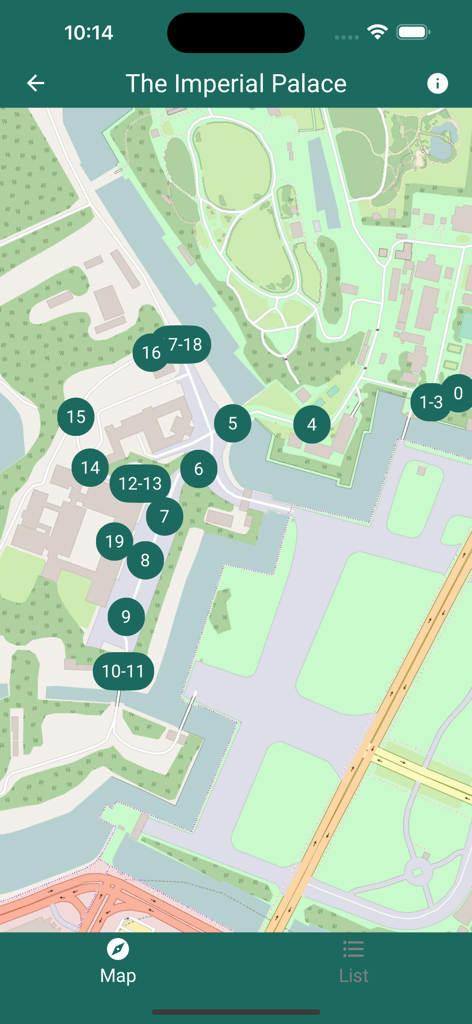 Imperial Palaces Guide - Official map view of the Imperial Palace in Tokyo featuring numbered points of interest