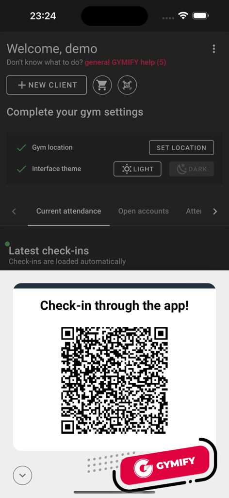 GMF My Gym - GMF My Gym app interface showing a QR code for client check-in and gym management dashboard