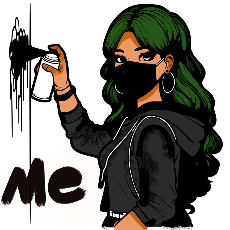 realistic girl with mask spray painting a wall