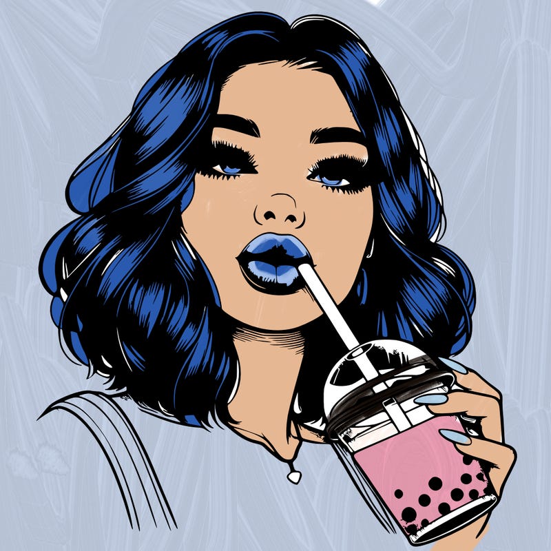 realistic girl with glossy lips holding boba