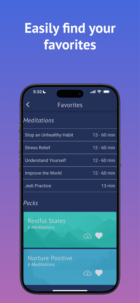 Brightmind Meditation app Favorites screen showing a list of saved meditation sessions and packs on an iPhone.