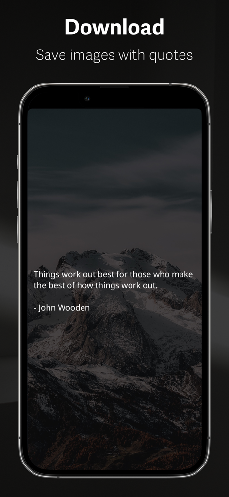 Aqtbas | اقتباس - A smartphone screen showing an inspirational quote by John Wooden over a scenic mountain background.