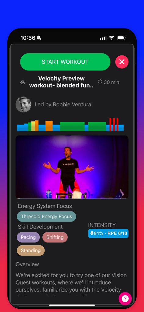 Velocity Cycling - Workout preview screen in the Velocity Cycling app showing a coach led session with threshold focus and intensity metrics