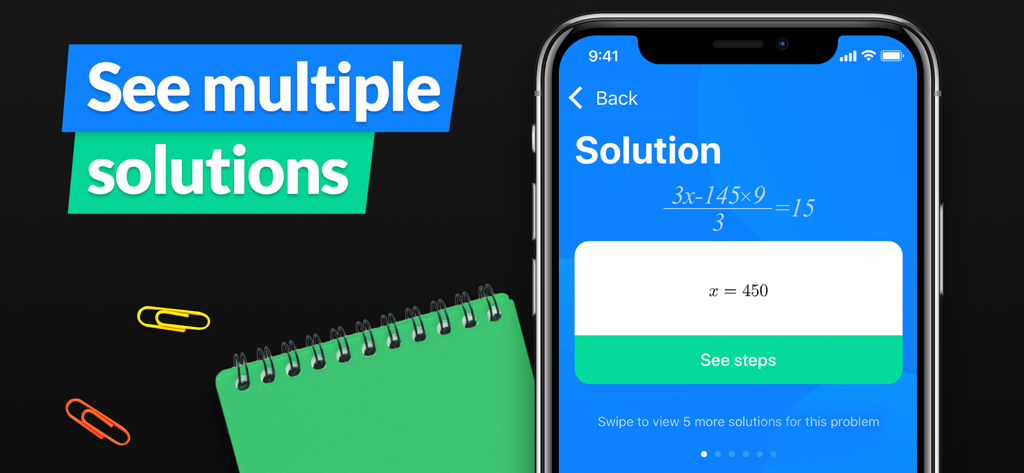 SnapCalc app on a smartphone displaying a math equation solution with the text See multiple solutions