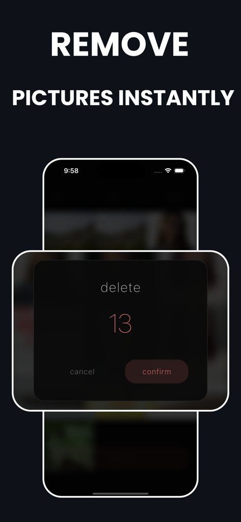 Photo Delete Swipe: Cleaner - Pantalla de smartphone mostrando una ventana emergente de confirmación para eliminar trece fotos al instante en la aplicación Cleany.
