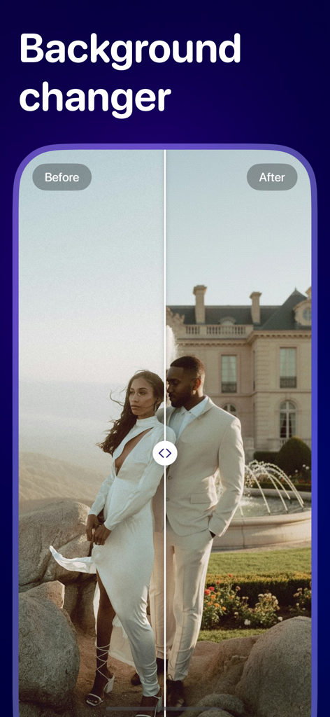 Upscale & Enhance - Pixelfix - Before and after comparison of a couple using the Pixelfix app to change their photo background to a luxury mansion