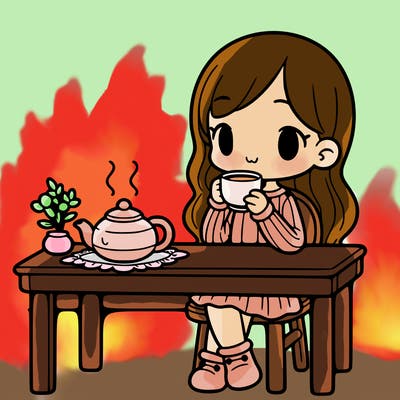 a girl drinking tea at a table with a teapot on the table