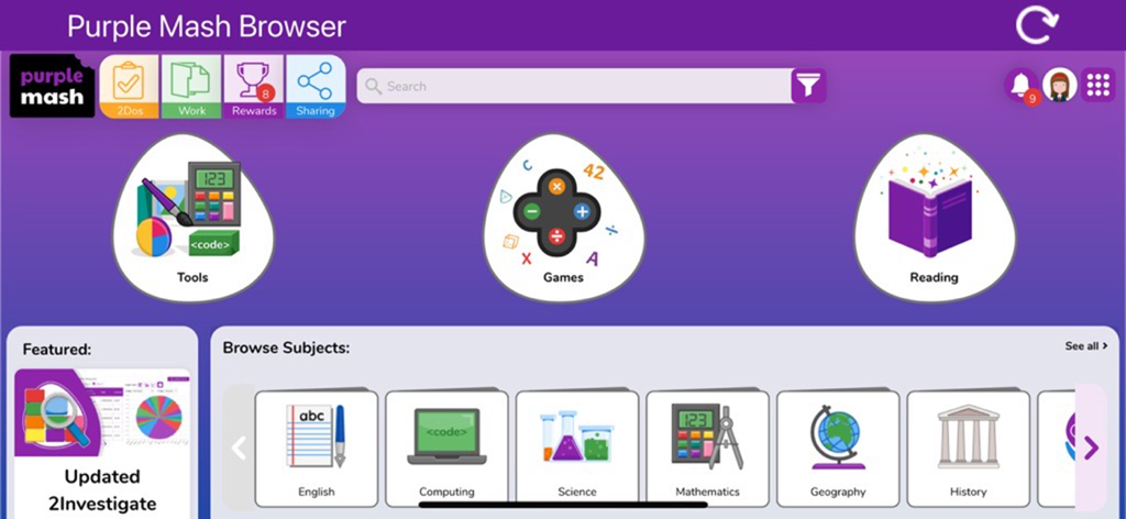 Purple Mash Browser - Educational dashboard of Purple Mash Browser showing categories for tools, games, reading, and school subjects