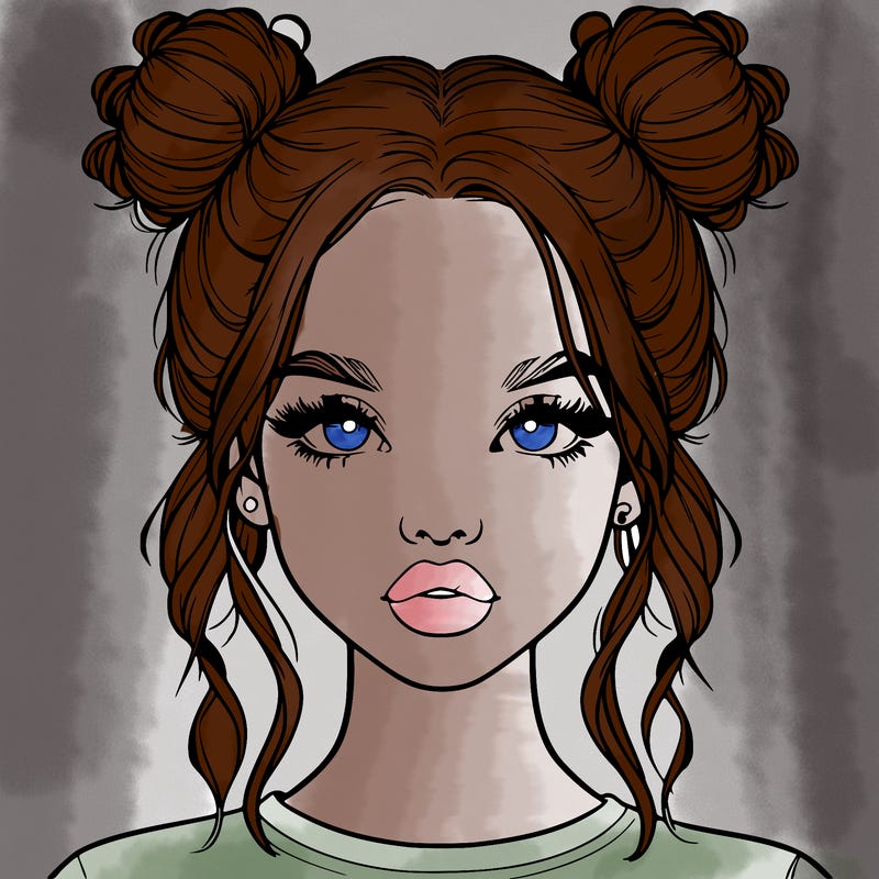 realistic girl with two buns in hair and lips
