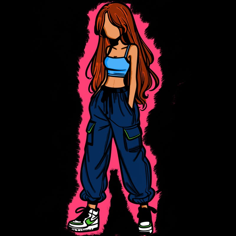 girl in baggy pants crop top and long hair