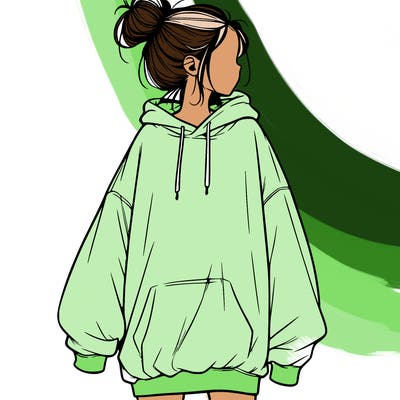 realistic girl with a oversized sweatshirt on and a bun