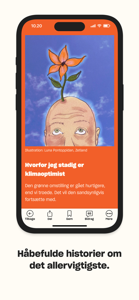 Zetland - Schermata dell'app Zetland che mostra un articolo di notizie sull'ottimismo climatico con un'illustrazione surreale di un fiore che cresce dalla testa di un uomo.