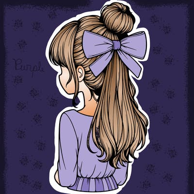 realistic girl  with hip length hair a bun and a big bow on the back of head